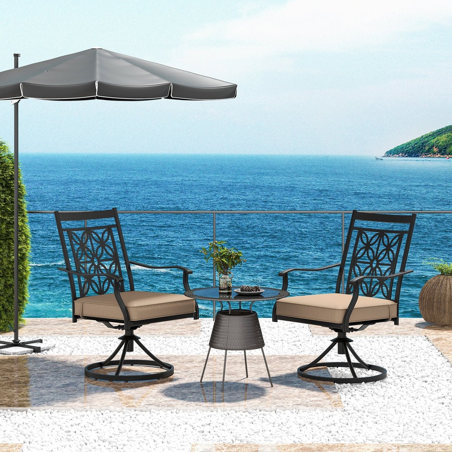 2 Pieces Outdoor Bistro Dining Chair Set Swivel Chairs with Blossom Pattern Backrest-Khaki