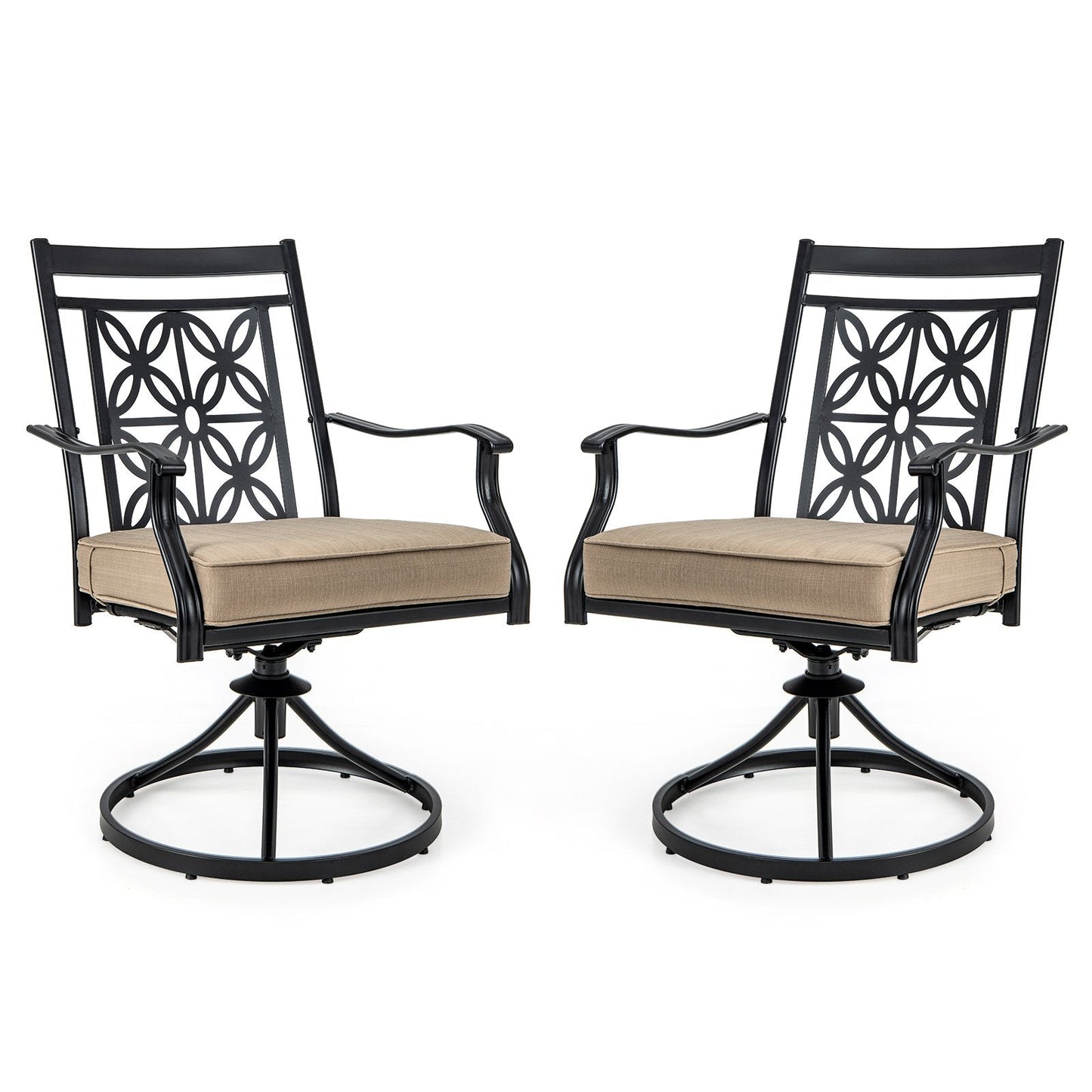 2 Pieces Outdoor Bistro Dining Chair Set Swivel Chairs with Blossom Pattern Backrest-Khaki
