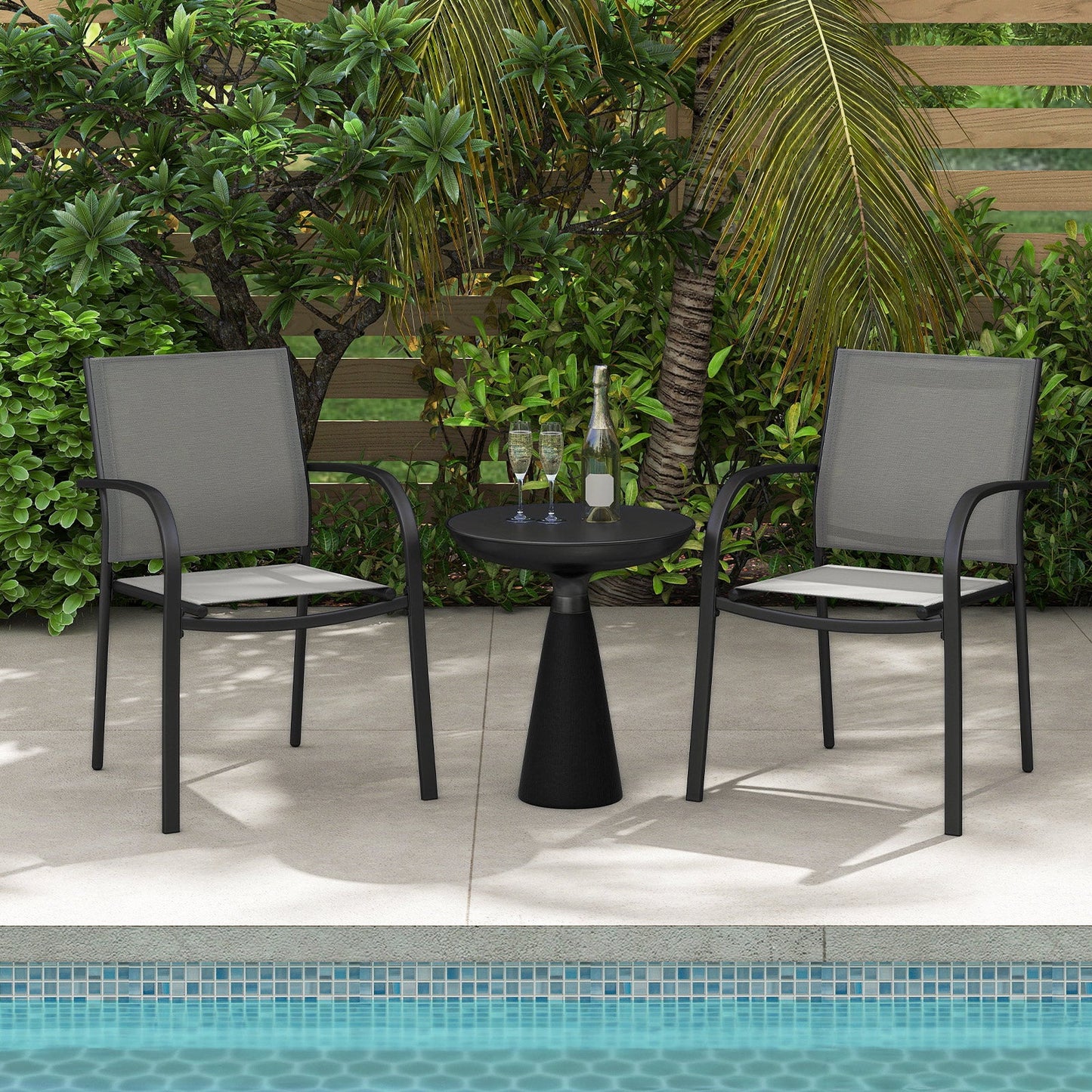 2 Pieces Outdoor Dining Chairs with Armrests and Breathable Fabric-Grey
