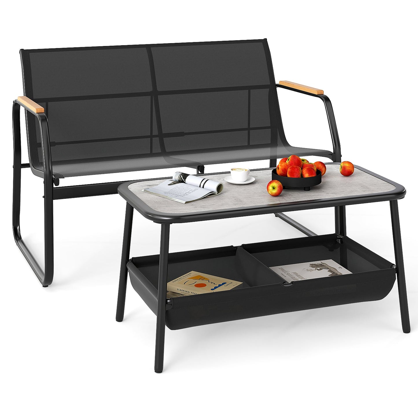 2 Pieces Patio Furniture Set with 2 Storage Compartments-Black