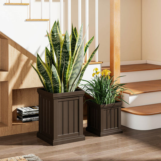 2 Pieces Square Plastic Planters 48cm Large and 32cm Small Flower Pots-Light Brown