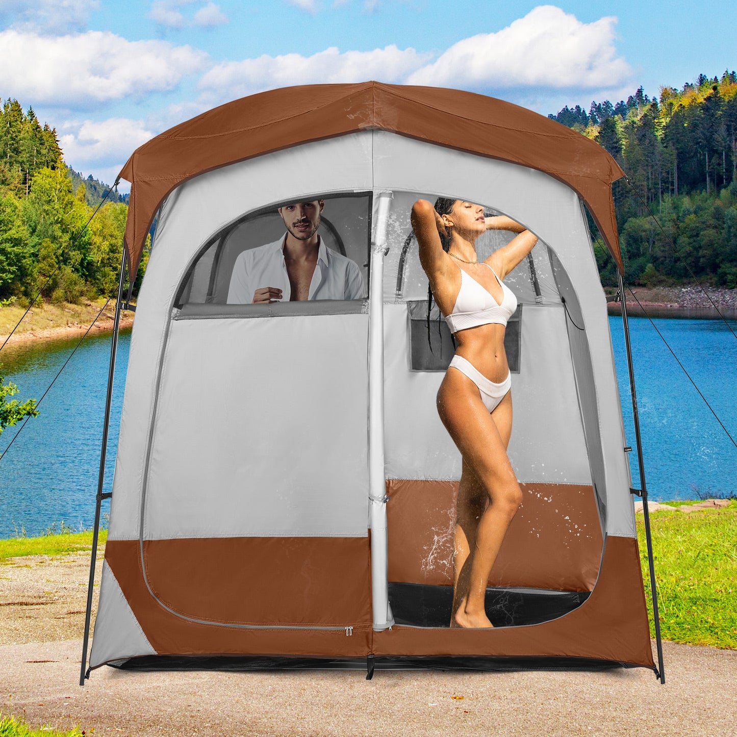 2 Rooms Privacy Shelter Tent with Removable Rain Fly-Coffee
