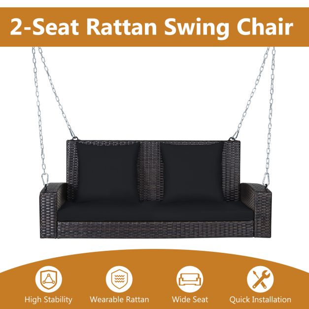 2-Seat Patio Rattan Porch Swing with Two Solid Steel Chains-Black