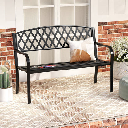 2-Seater Heavy-Duty Metal Garden Bench with Curved Seat and Armrests-Black
