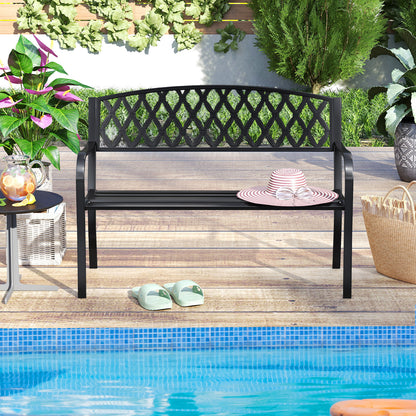 2-Seater Heavy-Duty Metal Garden Bench with Curved Seat and Armrests-Black