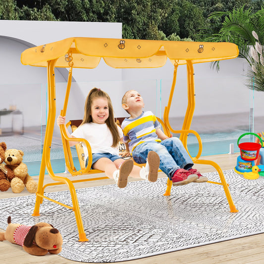 2-Seater Kids Patio Swing Chair with Adjustable Canopy and Safety Belt-Orange
