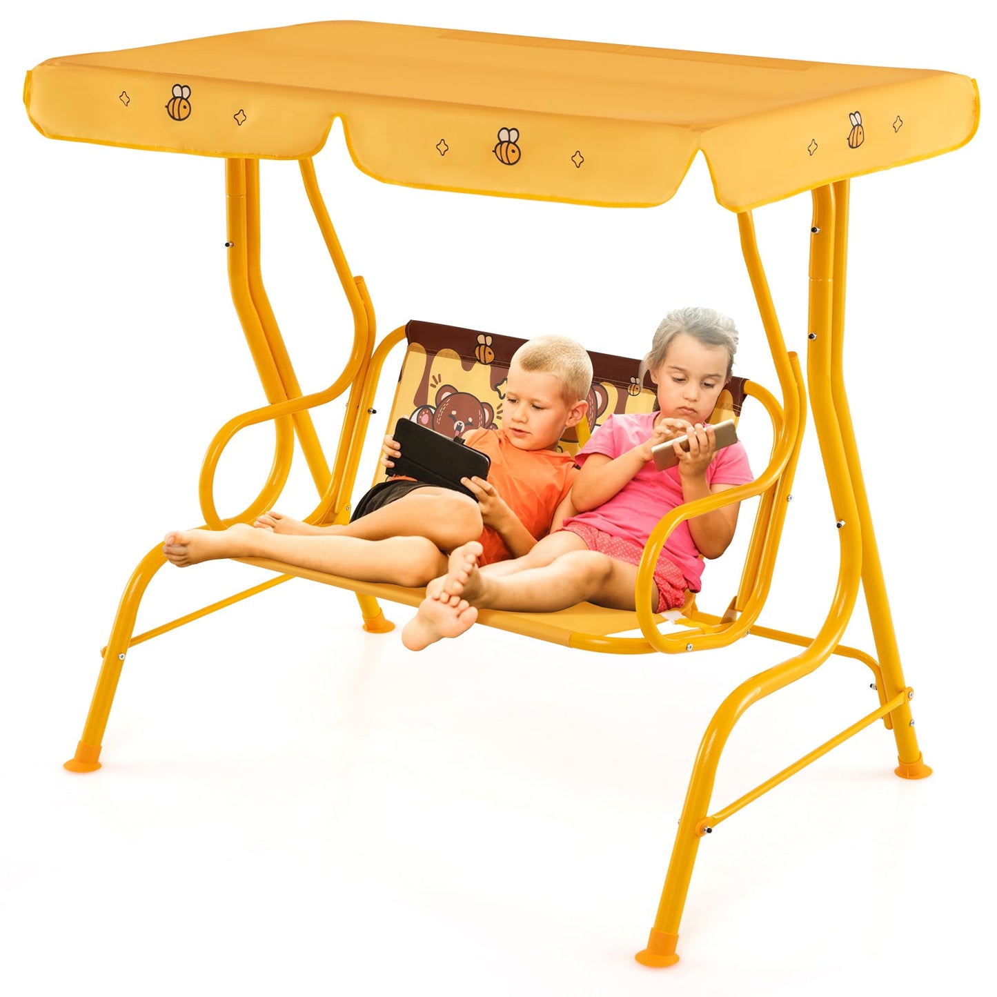 2-Seater Kids Patio Swing Chair with Adjustable Canopy and Safety Belt-Orange