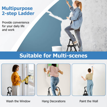 2 Step Folding Ladder with Safe Lock and Hand Grip-Black