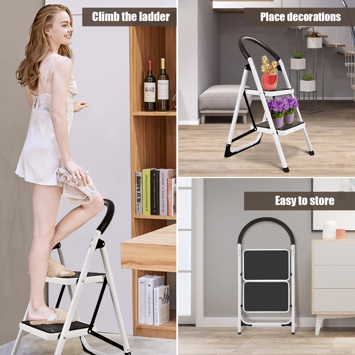 2 Step Folding Household Ladder with Anti-Slip Platform and Grip