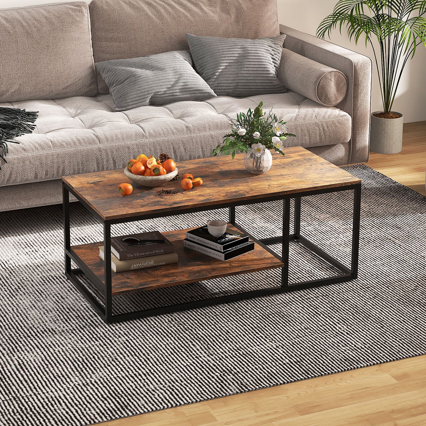 2-Tier 105 cm Industrial Wood Accent Coffee Center Table for Living Room-Rustic Brown