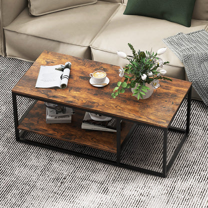 2-Tier 105 cm Industrial Wood Accent Coffee Center Table for Living Room-Rustic Brown