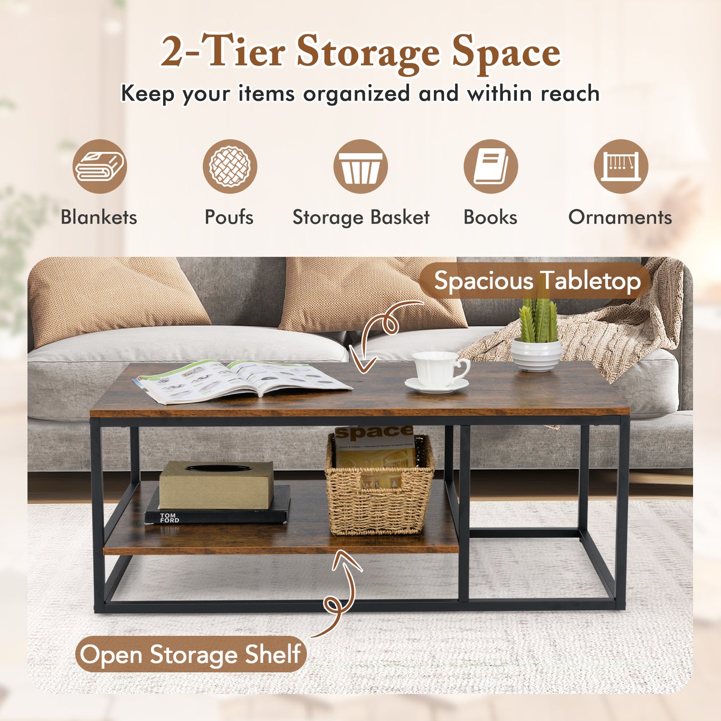 2-Tier 105 cm Industrial Wood Accent Coffee Center Table for Living Room-Rustic Brown