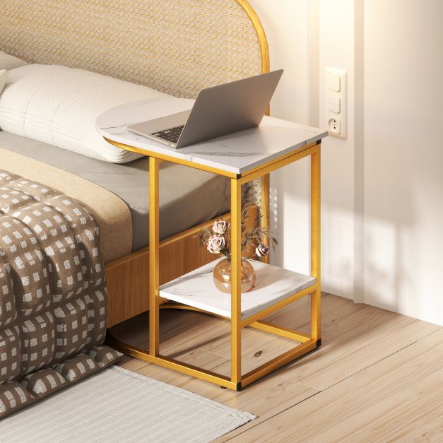 2-Tier C-shaped End Table Modern Sofa Side Table with Metal Frame-White