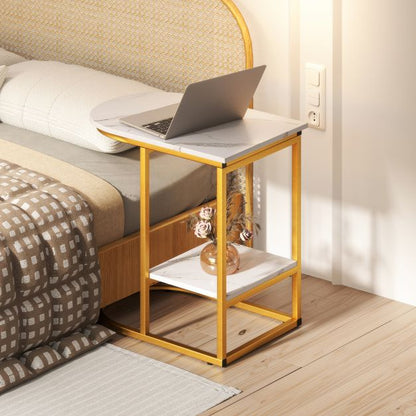 2-Tier C-shaped End Table Modern Sofa Side Table with Metal Frame-White