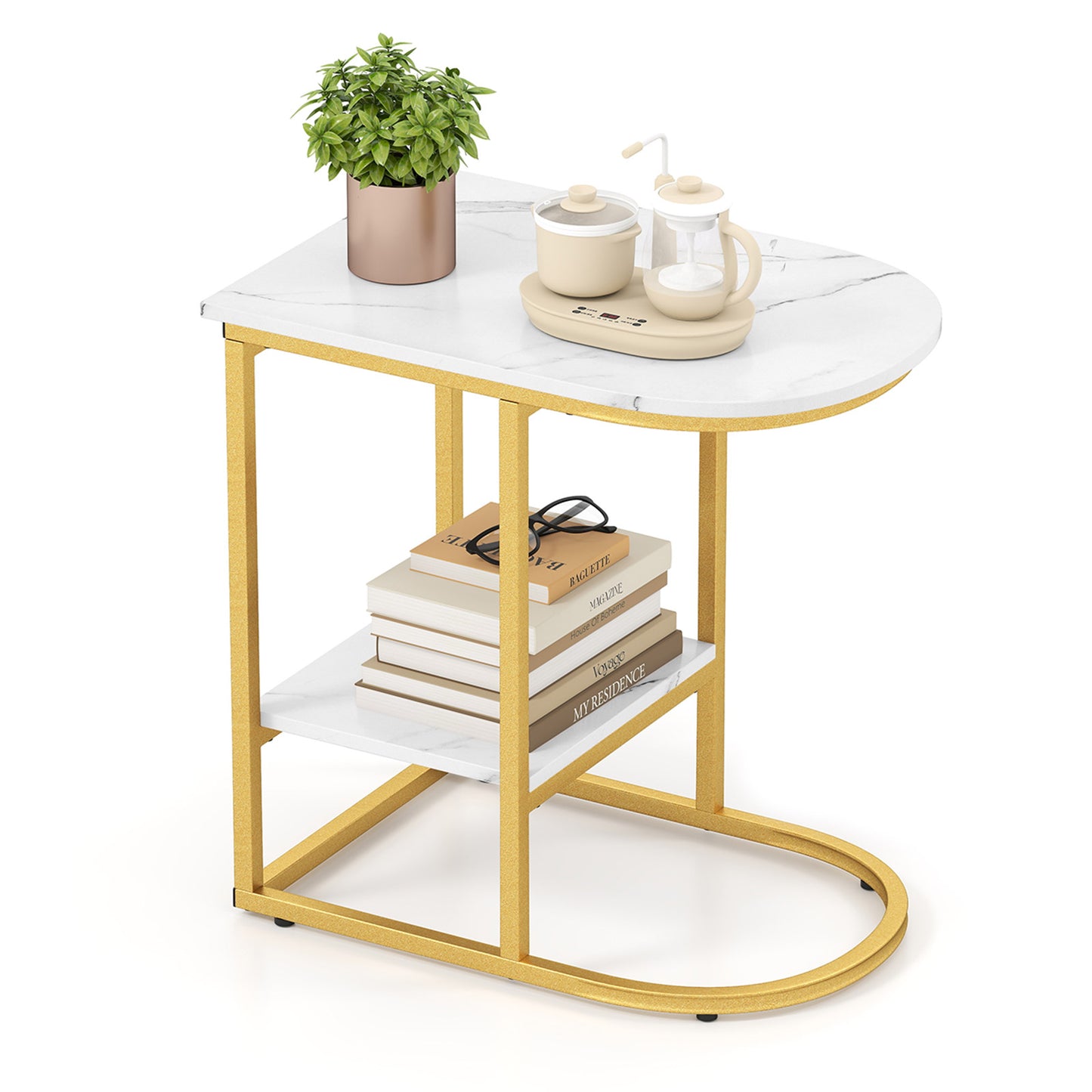 2-Tier C-shaped End Table Modern Sofa Side Table with Metal Frame-White