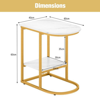 2-Tier C-shaped End Table Modern Sofa Side Table with Metal Frame-White
