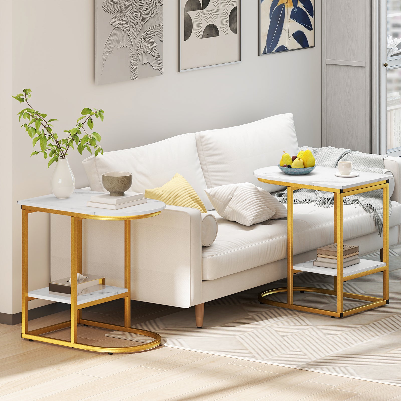 2-Tier C-shaped End Table Modern Sofa Side Table with Metal Frame-White