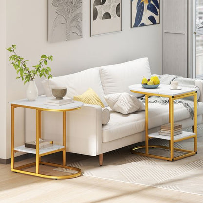 2-Tier C-shaped End Table Modern Sofa Side Table with Metal Frame-White