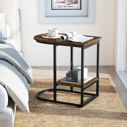 2-Tier C-shaped End Table Modern Sofa Side Table with Metal Frame-Rustic Brown