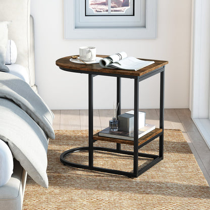 2-Tier C-shaped End Table Modern Sofa Side Table with Metal Frame-Rustic Brown