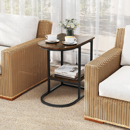 2-Tier C-shaped End Table Modern Sofa Side Table with Metal Frame-Rustic Brown