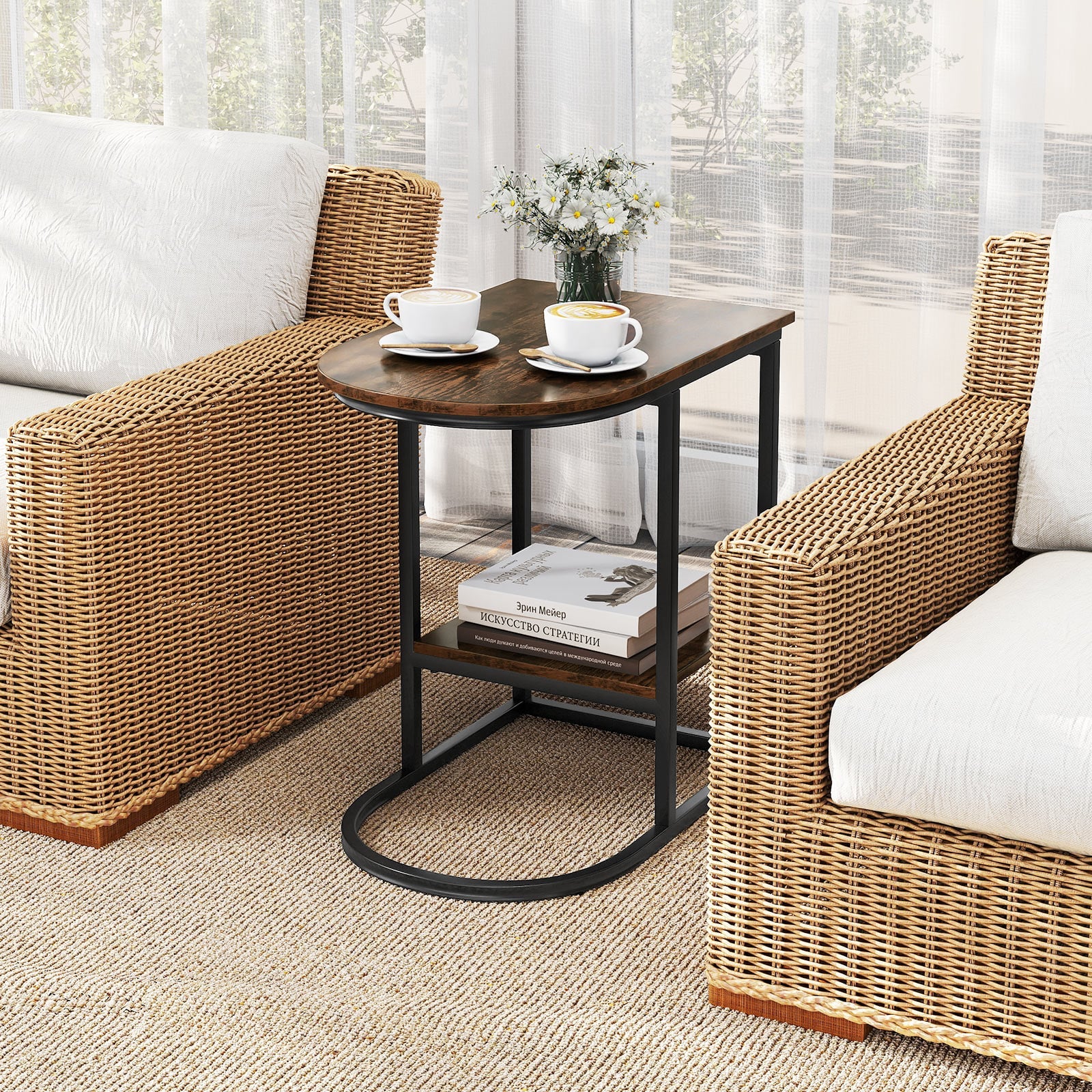 2-Tier C-shaped End Table Modern Sofa Side Table with Metal Frame-Rustic Brown