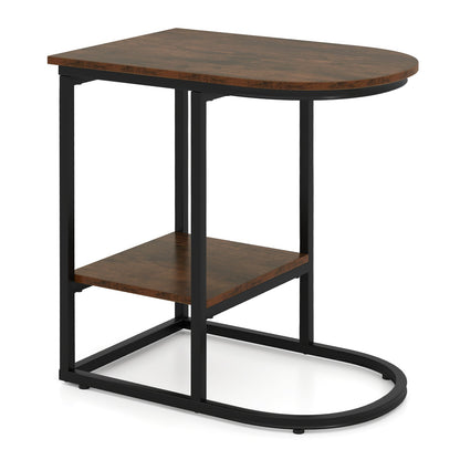 2-Tier C-shaped End Table Modern Sofa Side Table with Metal Frame-Rustic Brown