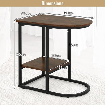 2-Tier C-shaped End Table Modern Sofa Side Table with Metal Frame-Rustic Brown