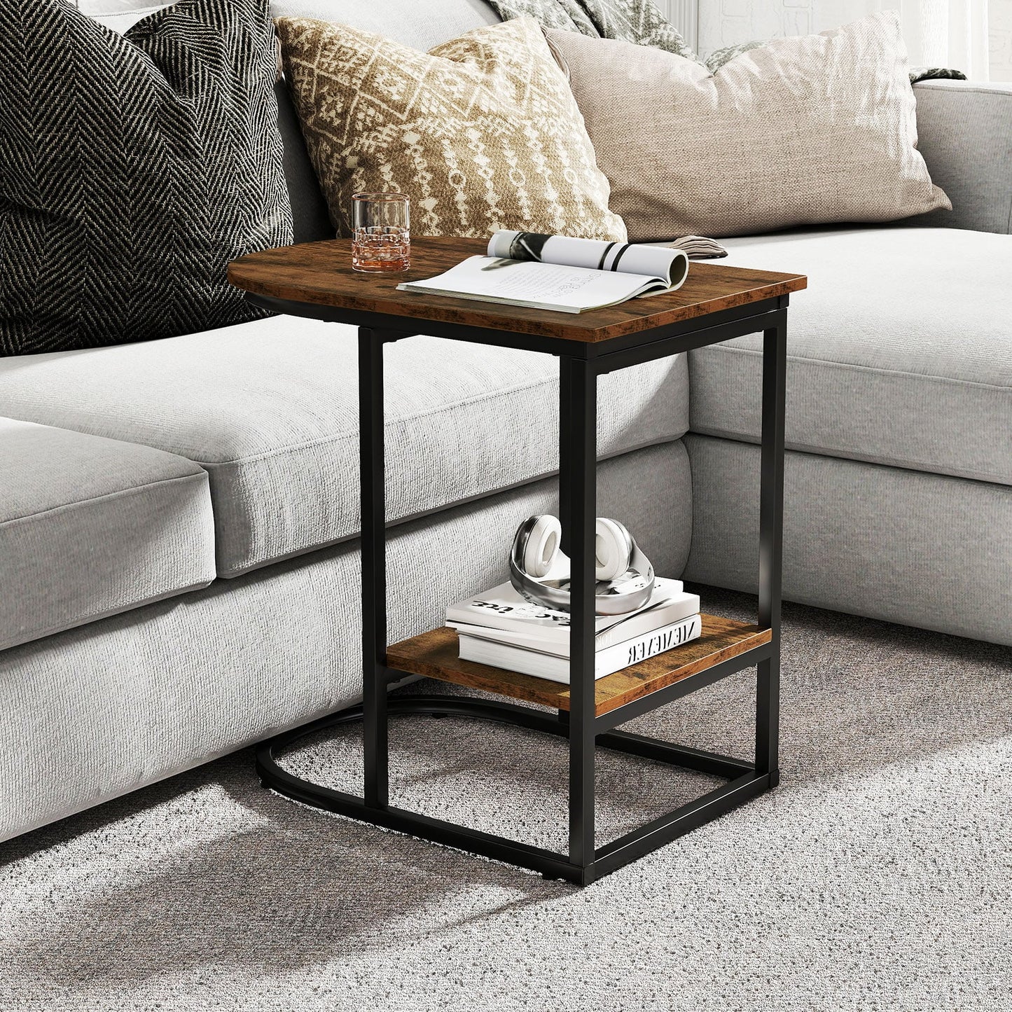 2-Tier C-shaped End Table Modern Sofa Side Table with Metal Frame-Rustic Brown