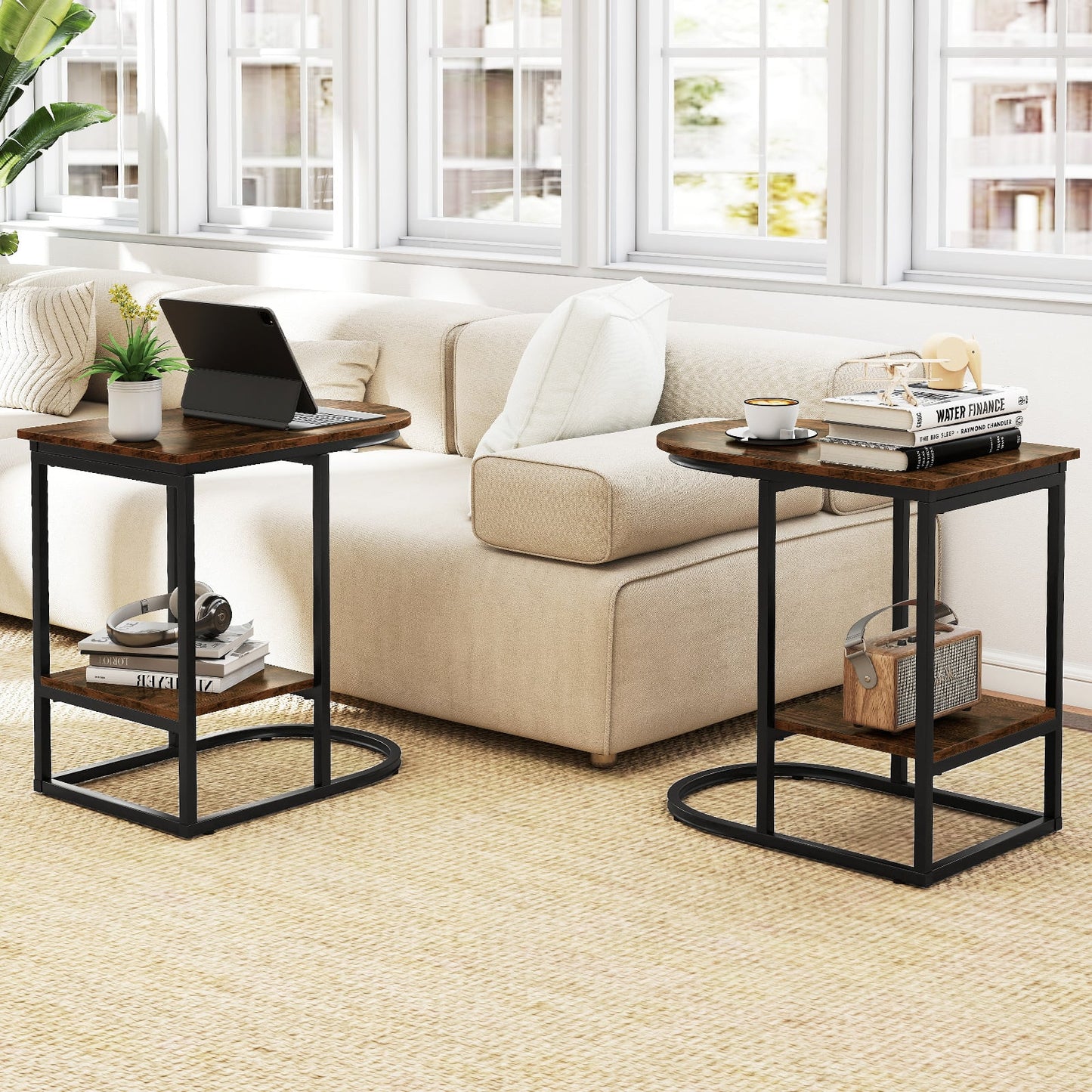 2-Tier C-shaped End Table Modern Sofa Side Table with Metal Frame-Rustic Brown