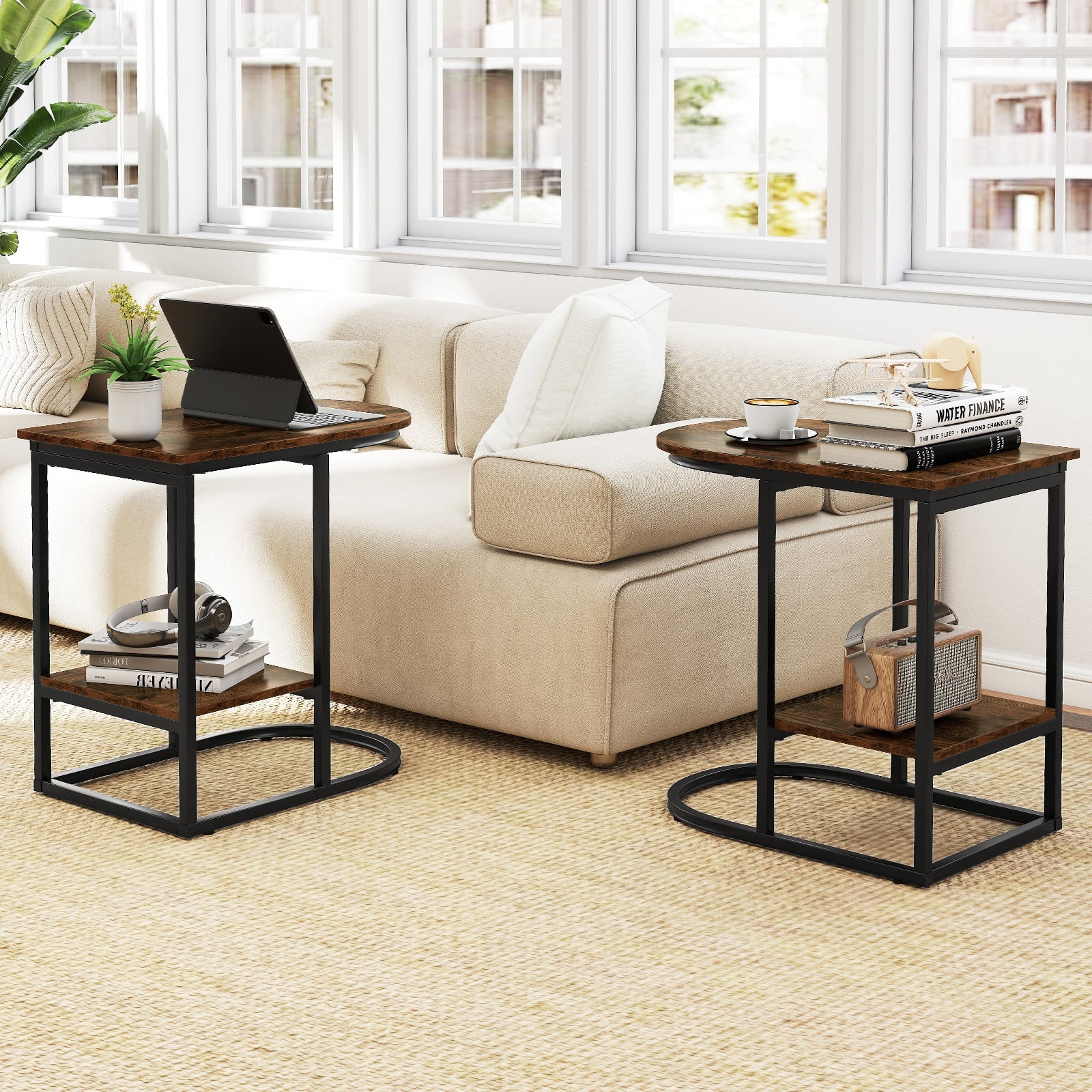 2-Tier C-shaped End Table Modern Sofa Side Table with Metal Frame-Rustic Brown