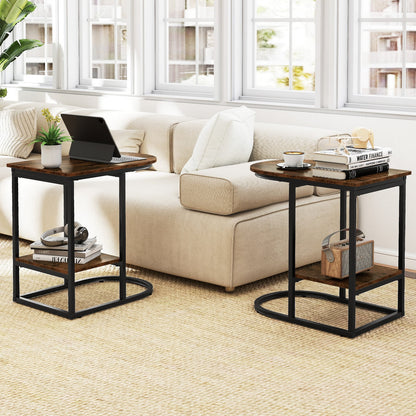 2-Tier C-shaped End Table Modern Sofa Side Table with Metal Frame-Rustic Brown
