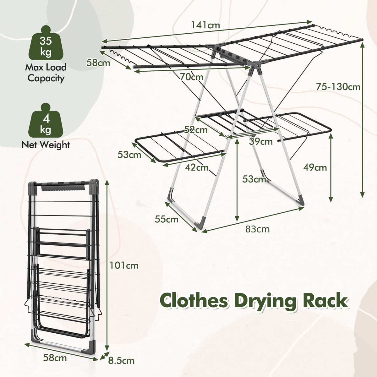 2-Tier Foldable Clothing Laundry Rack with 33 Drying Rails