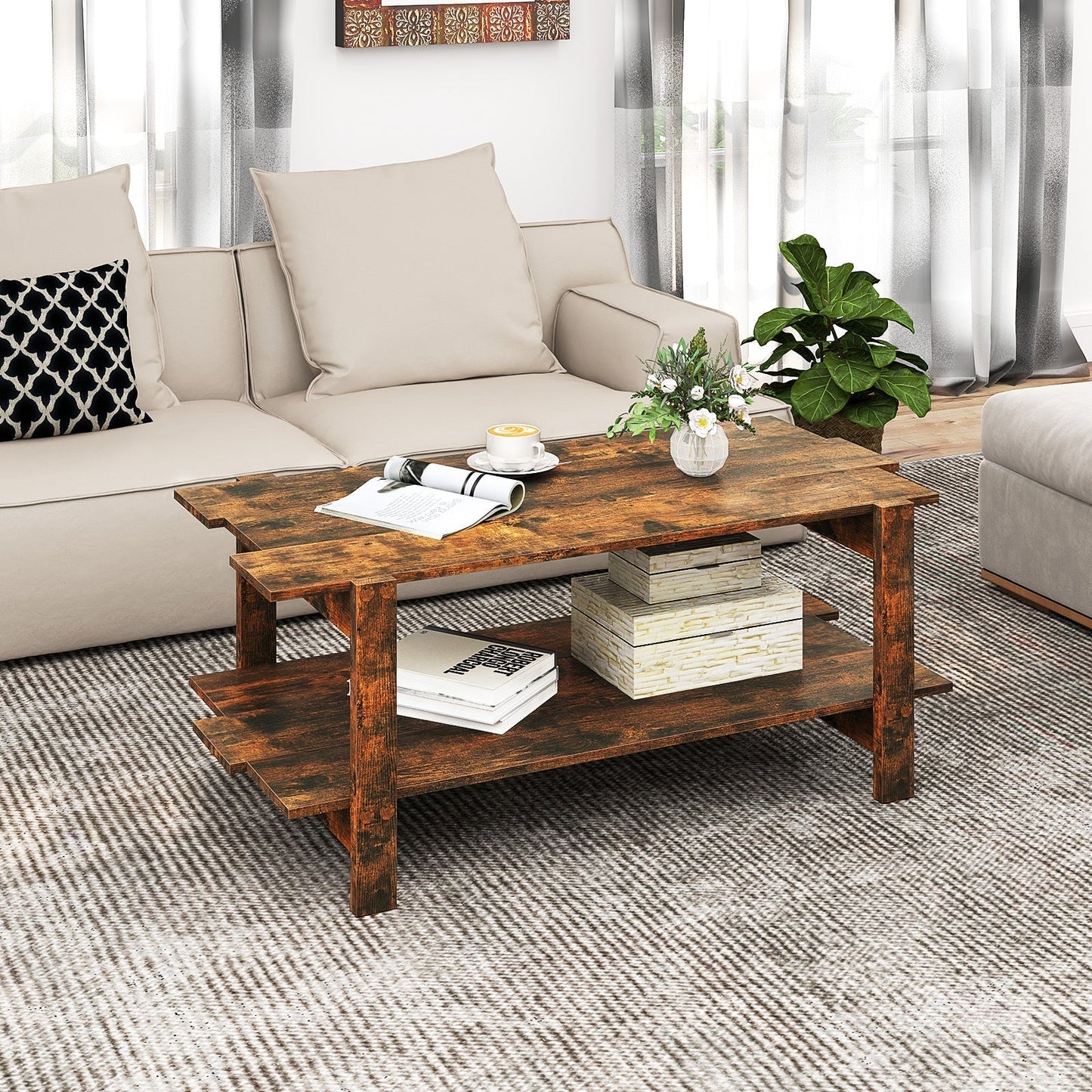 2 Tier Coffee Table with Shelf Coffee Table Rectangular Side Table Accent Table Brown