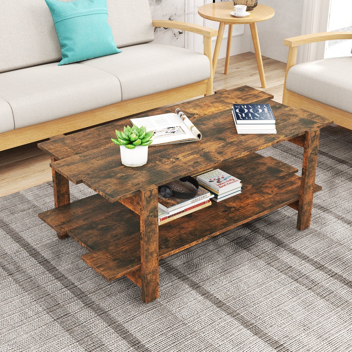 2 Tier Coffee Table with Shelf Coffee Table Rectangular Side Table Accent Table Brown