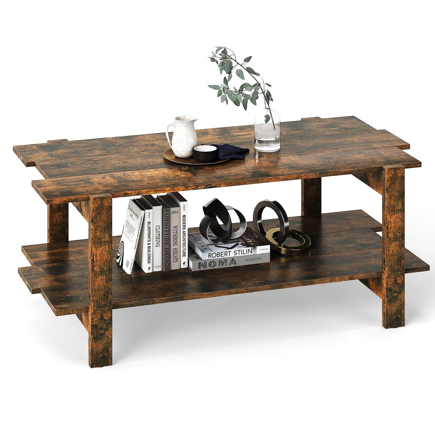 2 Tier Coffee Table with Shelf Coffee Table Rectangular Side Table Accent Table Brown