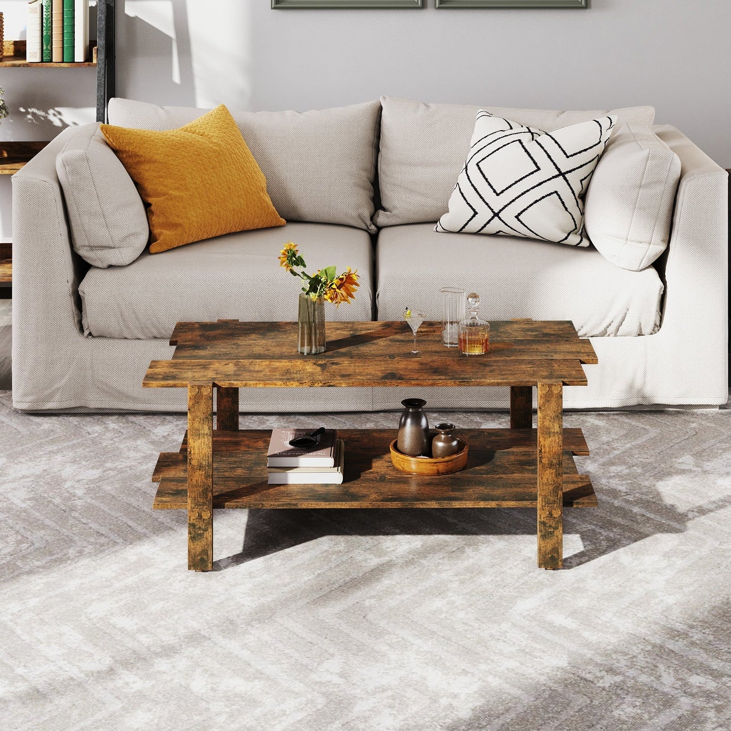 2 Tier Coffee Table with Shelf Coffee Table Rectangular Side Table Accent Table Brown