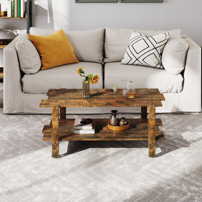 2 Tier Coffee Table with Shelf Coffee Table Rectangular Side Table Accent Table Brown