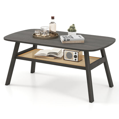 2-Tier Coffee Table with Rattan Storage Shelf and Rubber Wood Legs-Black