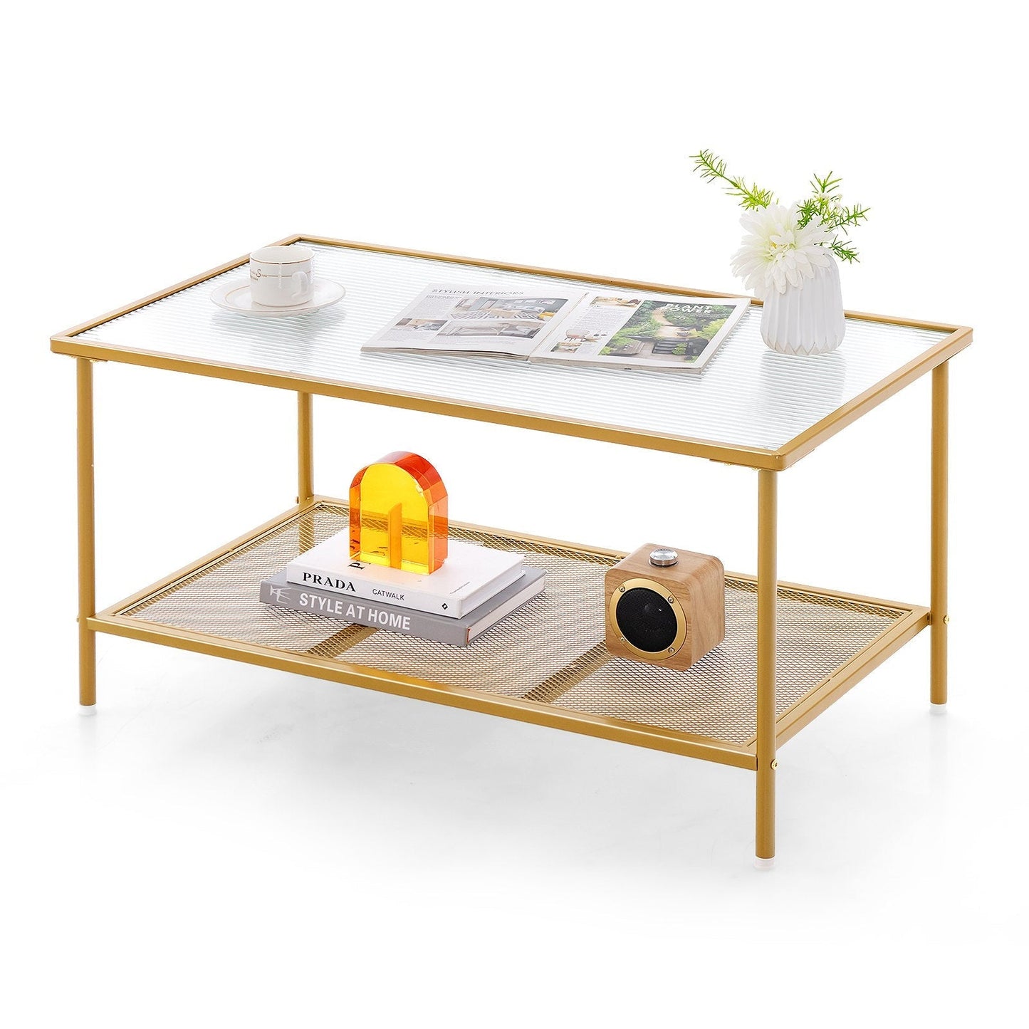 2-Tier Coffee Table with Shelf Tempered Glass Top-Golden