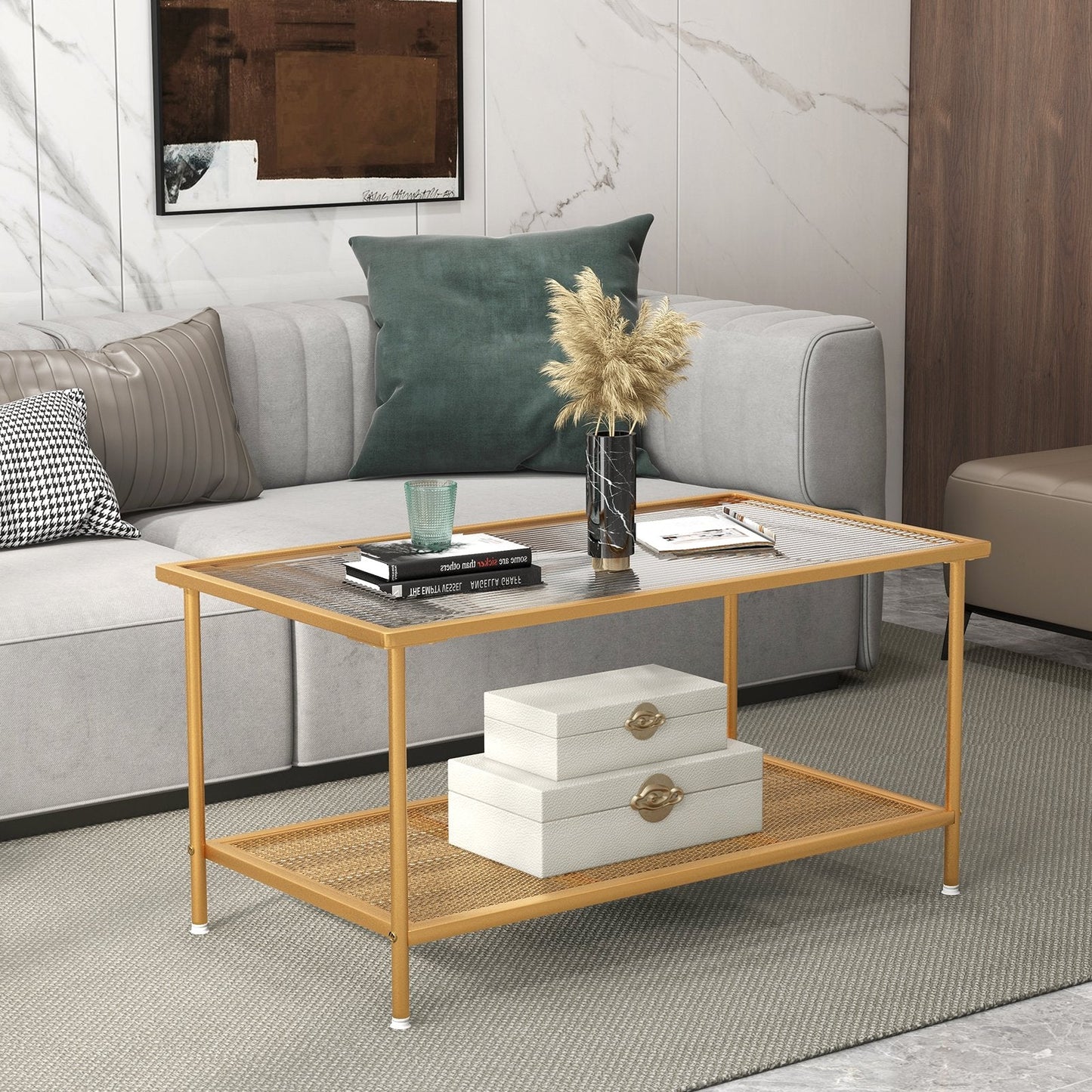 2-Tier Coffee Table with Shelf Tempered Glass Top-Golden