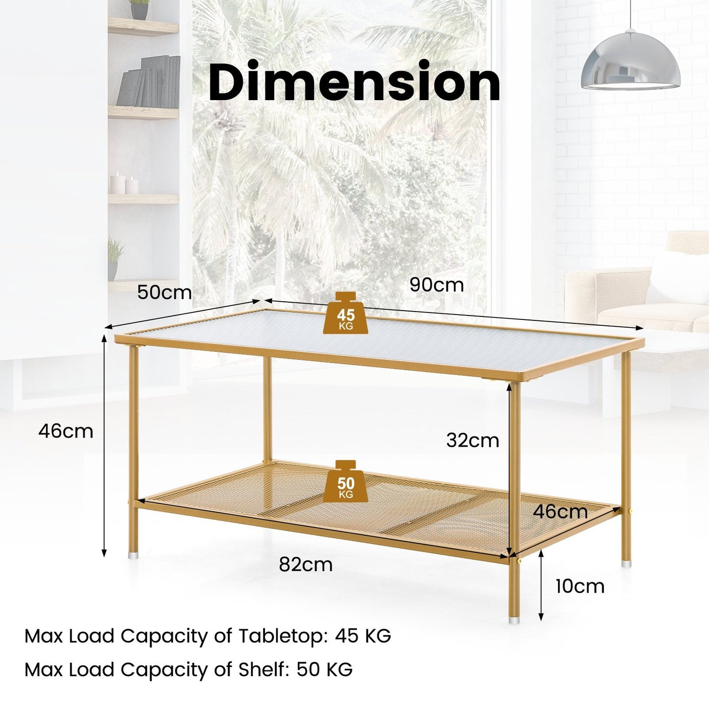 2-Tier Coffee Table with Shelf Tempered Glass Top-Golden