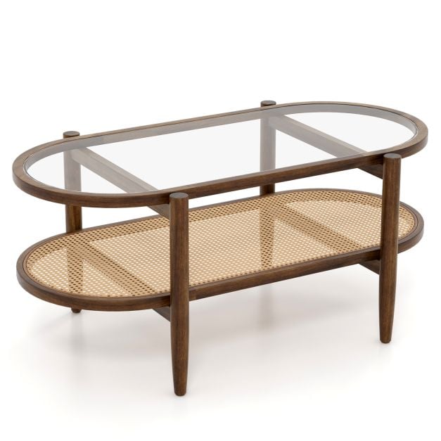 Coffee table side table with glass table top &amp; rattan shelf 102 x 56 x 47 cm brown