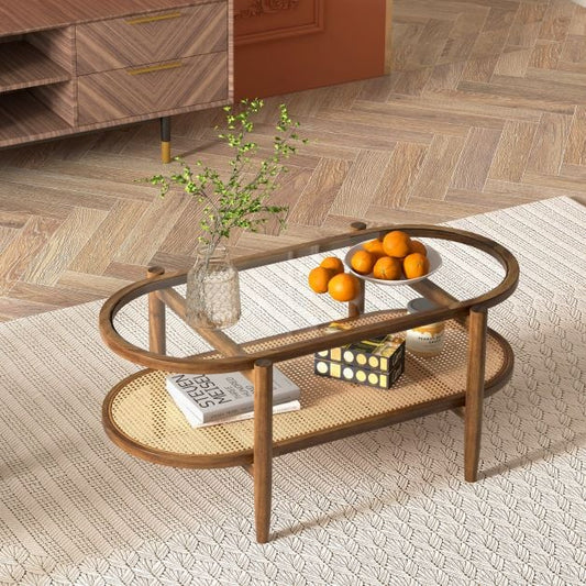 Coffee table side table with glass table top &amp; rattan shelf 102 x 56 x 47 cm brown