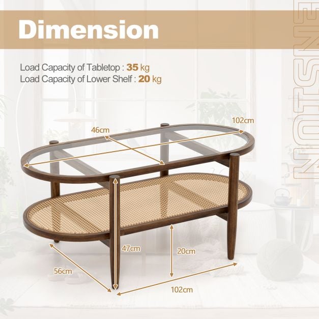 Coffee table side table with glass table top &amp; rattan shelf 102 x 56 x 47 cm brown