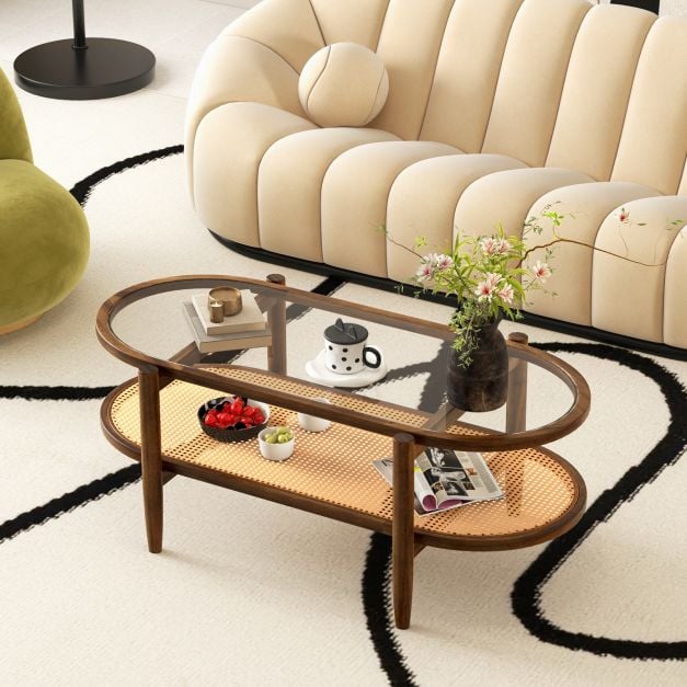 Coffee table side table with glass table top &amp; rattan shelf 102 x 56 x 47 cm brown