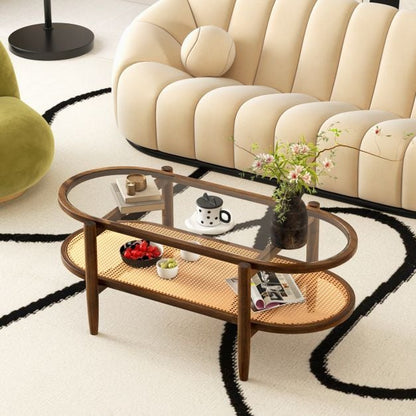 Coffee table side table with glass table top &amp; rattan shelf 102 x 56 x 47 cm brown