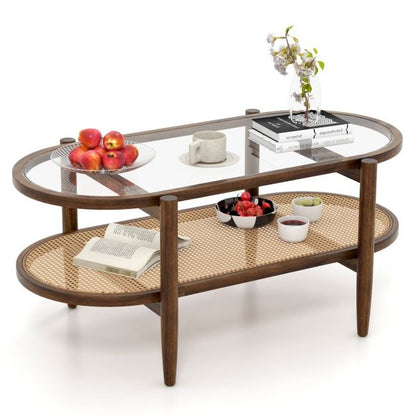 Coffee table side table with glass table top &amp; rattan shelf 102 x 56 x 47 cm brown