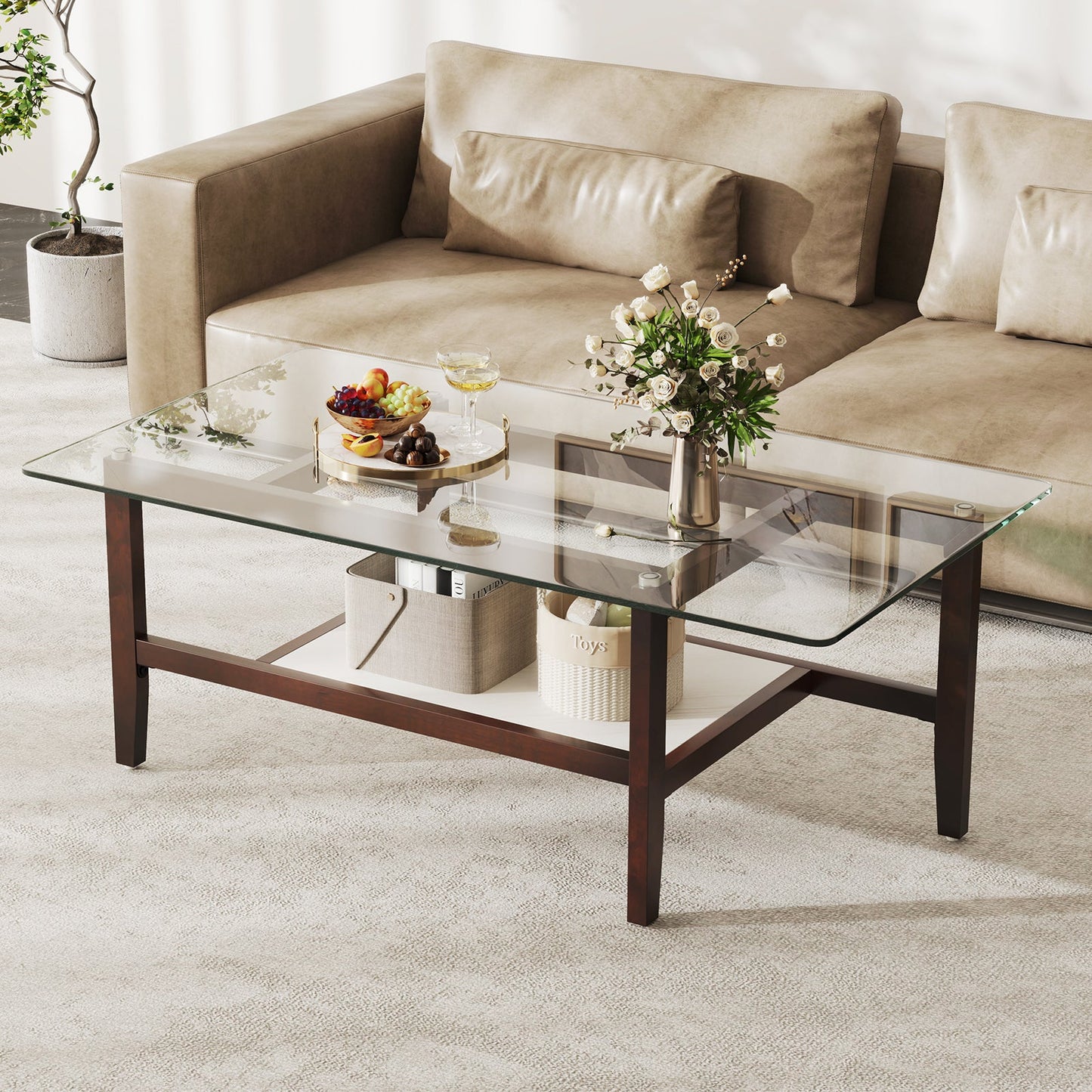 2-Tier Coffee Table with Storage Shelf and Solid Rubber Wood Legs-Brown