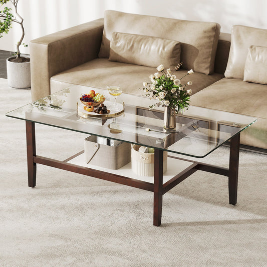 2-Tier Coffee Table with Storage Shelf and Solid Rubber Wood Legs-Brown